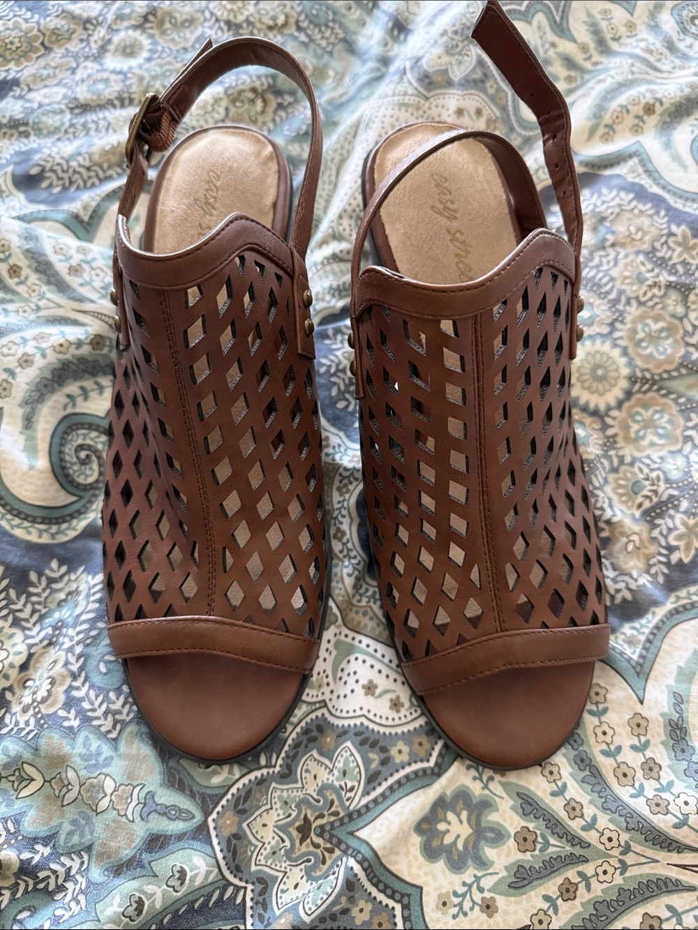 easy street Brown Perforated Slingback Mules
